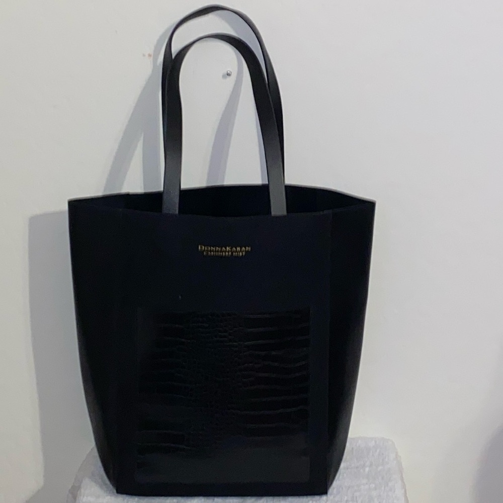 DONNA KARAN New York Large Tote Bag Cashmere Mist Black Designer EUC